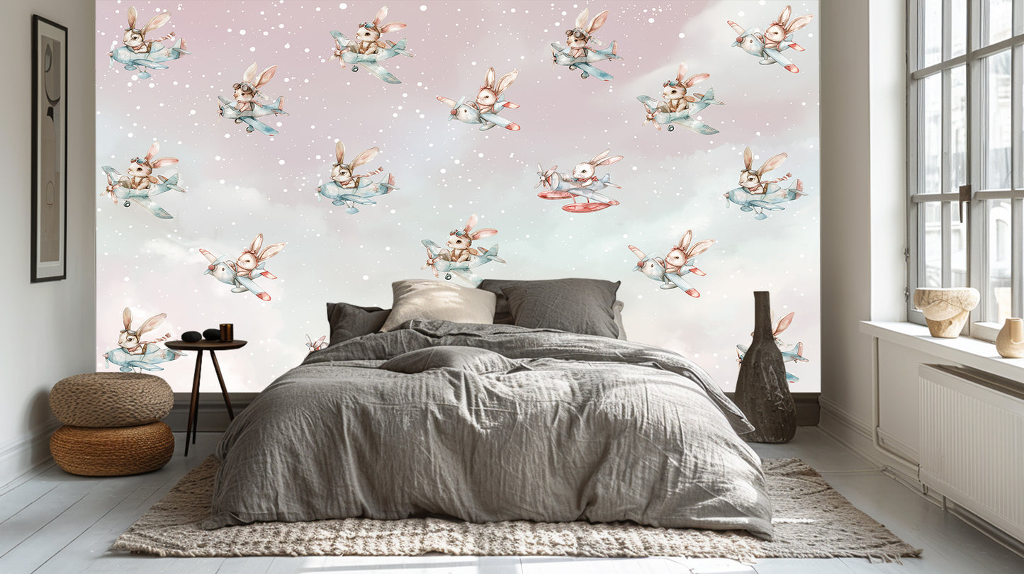 Whimsical Bunny Aviators wallpaper mural - XWALLX