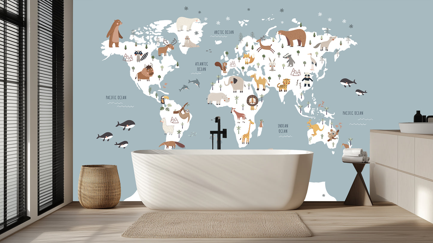 Whimsical World Map Animal wall mural - XWALLX