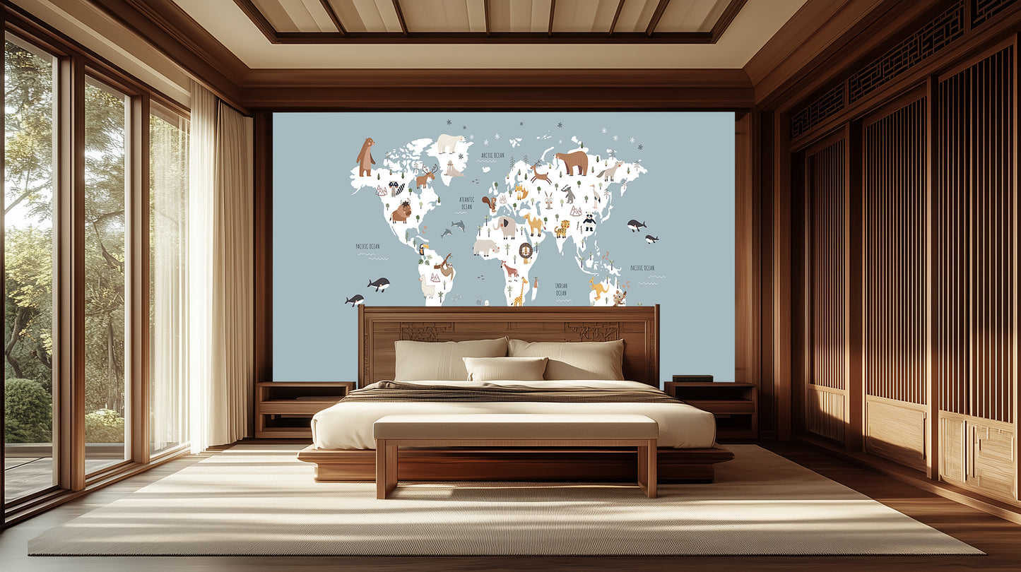 Whimsical World Map Animal wallpaper mural - XWALLX