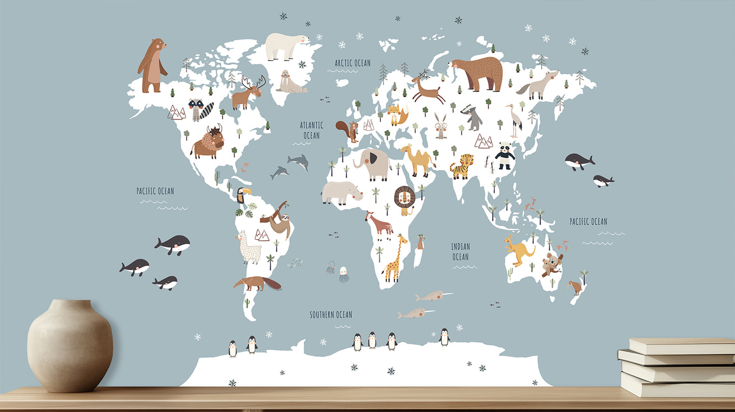 Whimsical World Map Animal wall art - XWALLX
