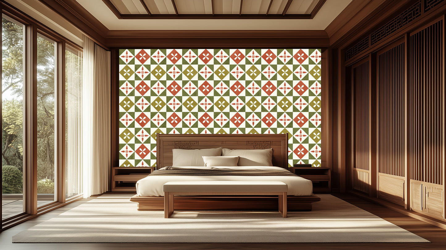Geometric Floral Tile Design wallpaper mural - XWALLX
