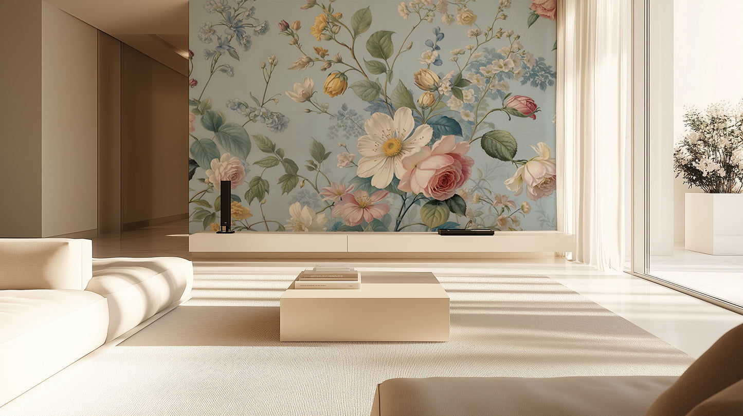 Muted Blue Floral Garden wall mural Mural wallpaper - XWALLX