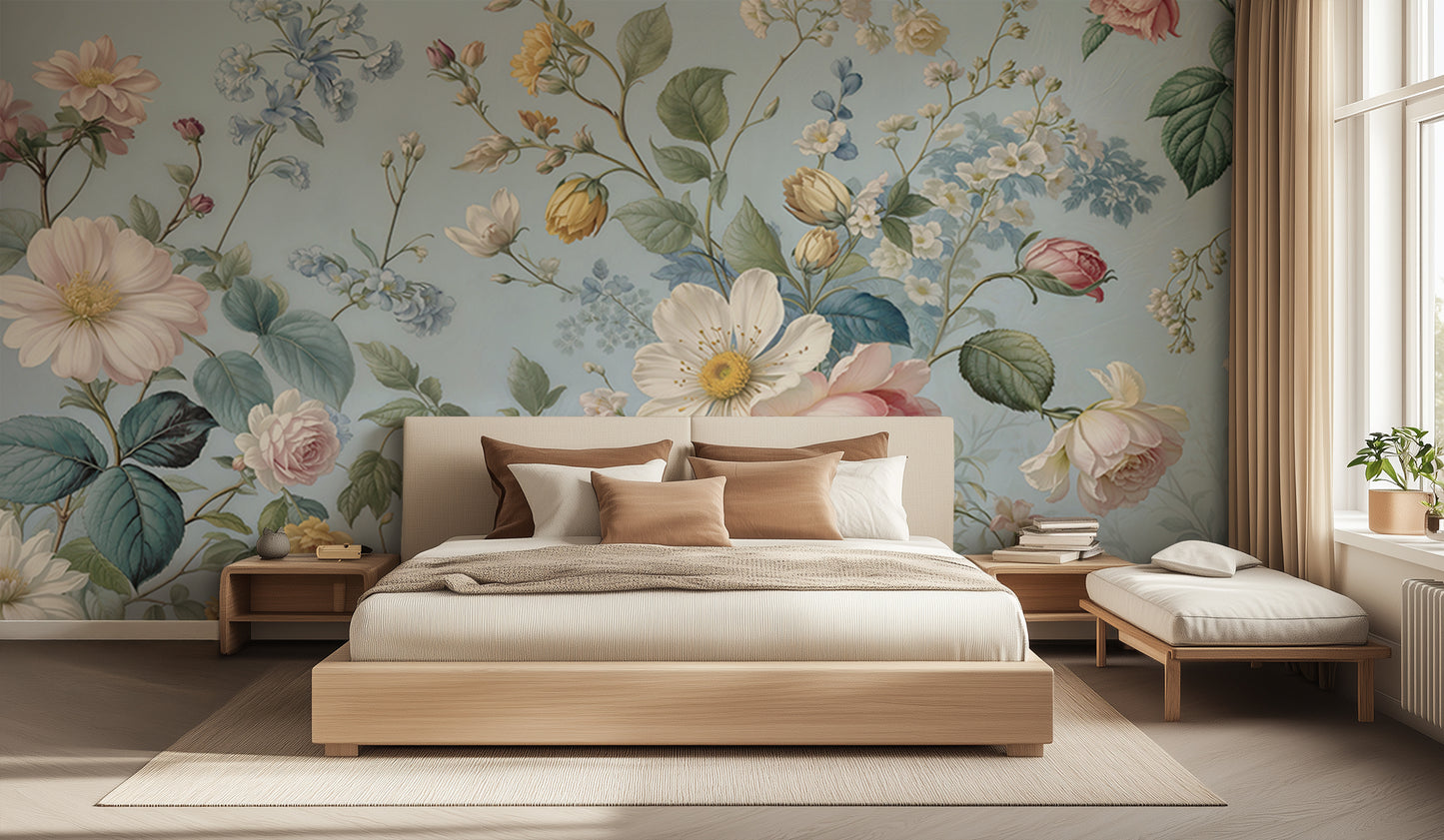 Muted Blue Floral Garden wall mural Mural wall decor - XWALLX