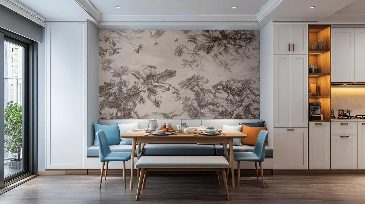 Elegant Floral Sketch wallpaper mural - XWALLX