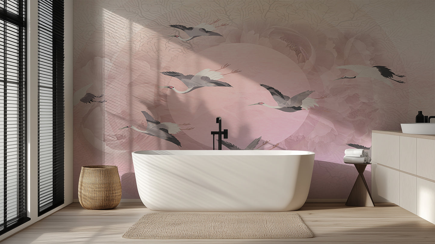 Ethereal Cranes Blush wallpaper mural - XWALLX