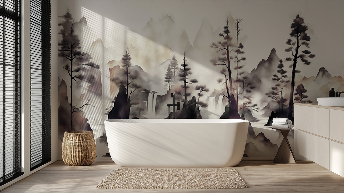 Misty Peaks Forest Waterfall wallpaper mural - XWALLX