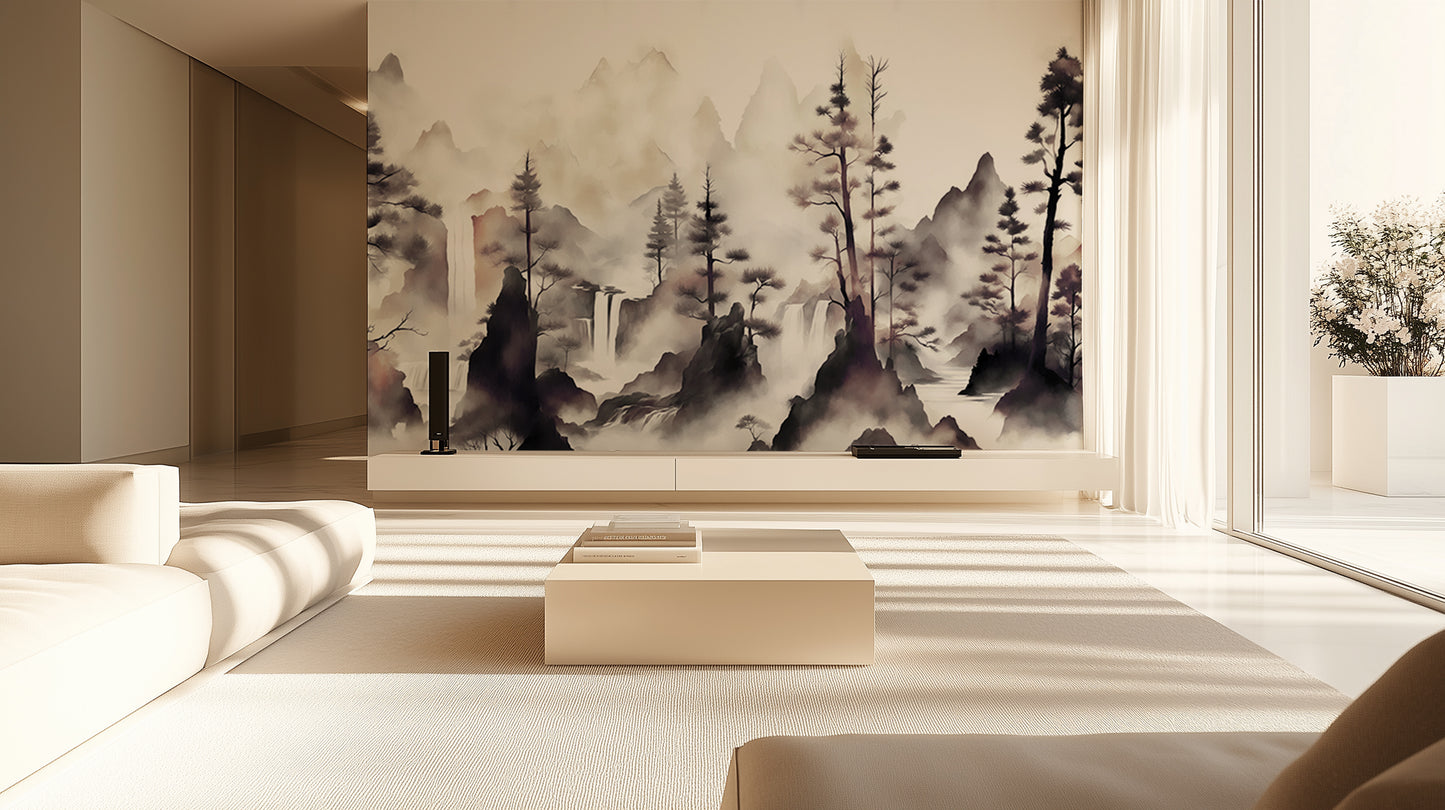 Misty Peaks Forest Waterfall wallpaper - XWALLX