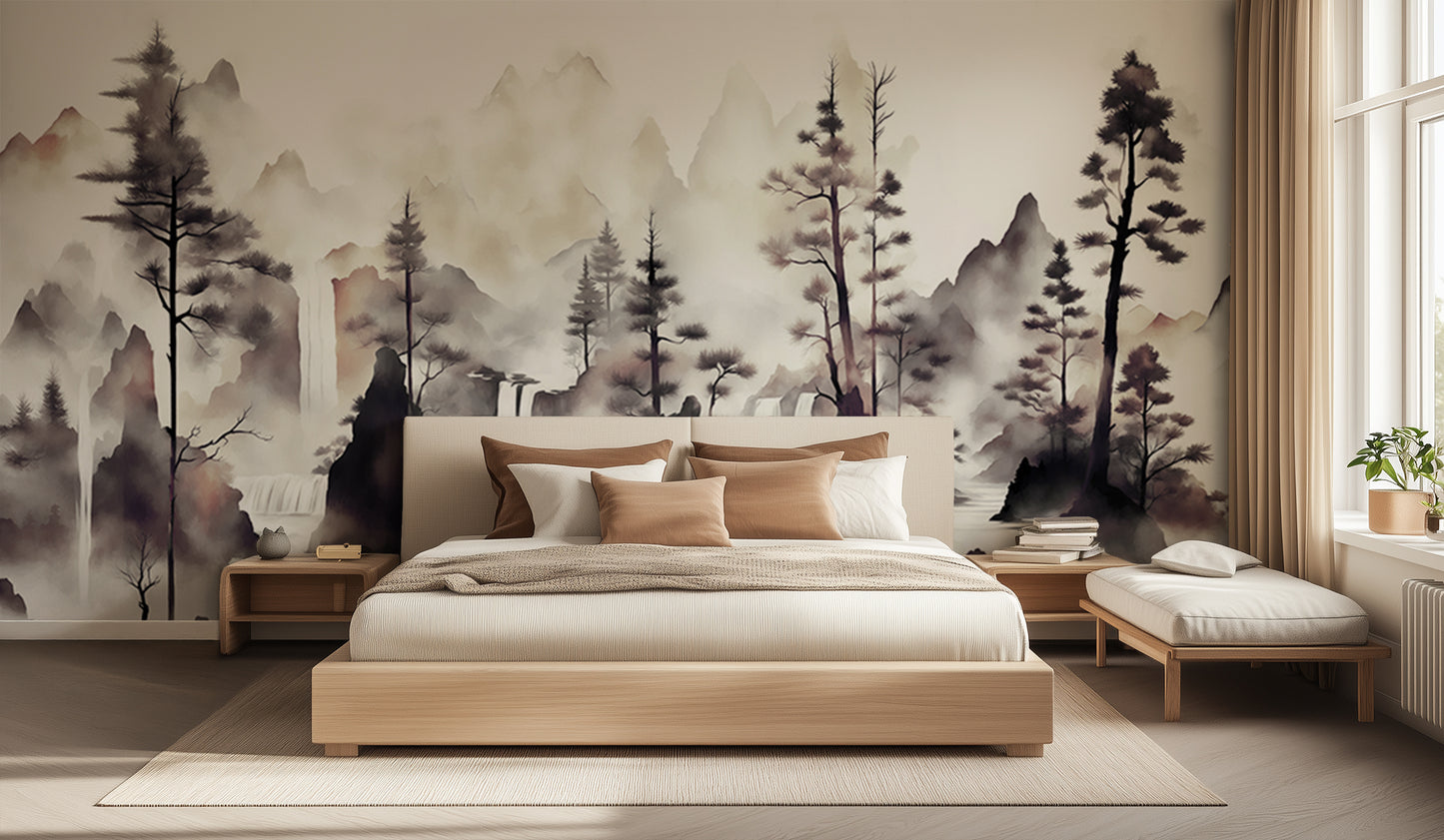Misty Peaks Forest Waterfall wall decor - XWALLX