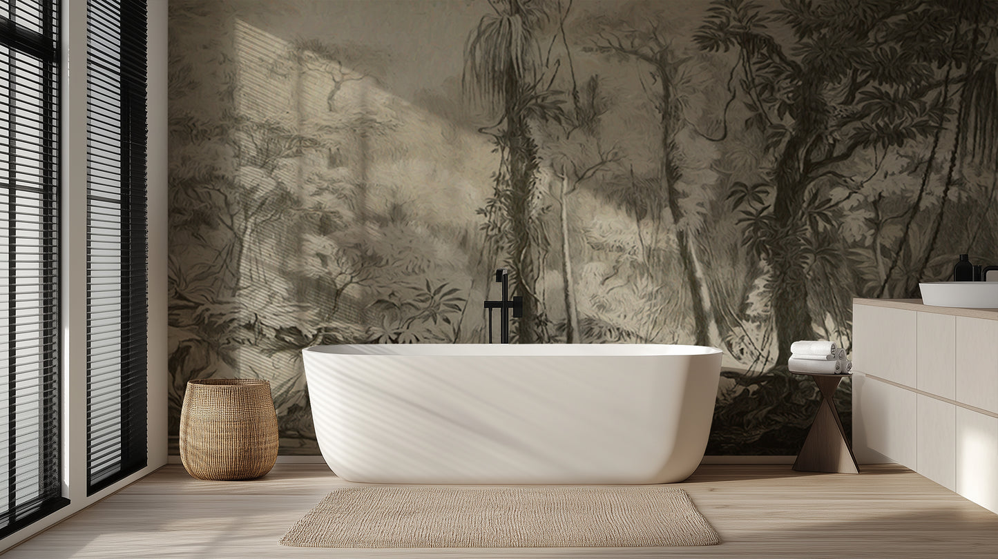 Monochrome Jungle Illustration wallpaper mural - XWALLX