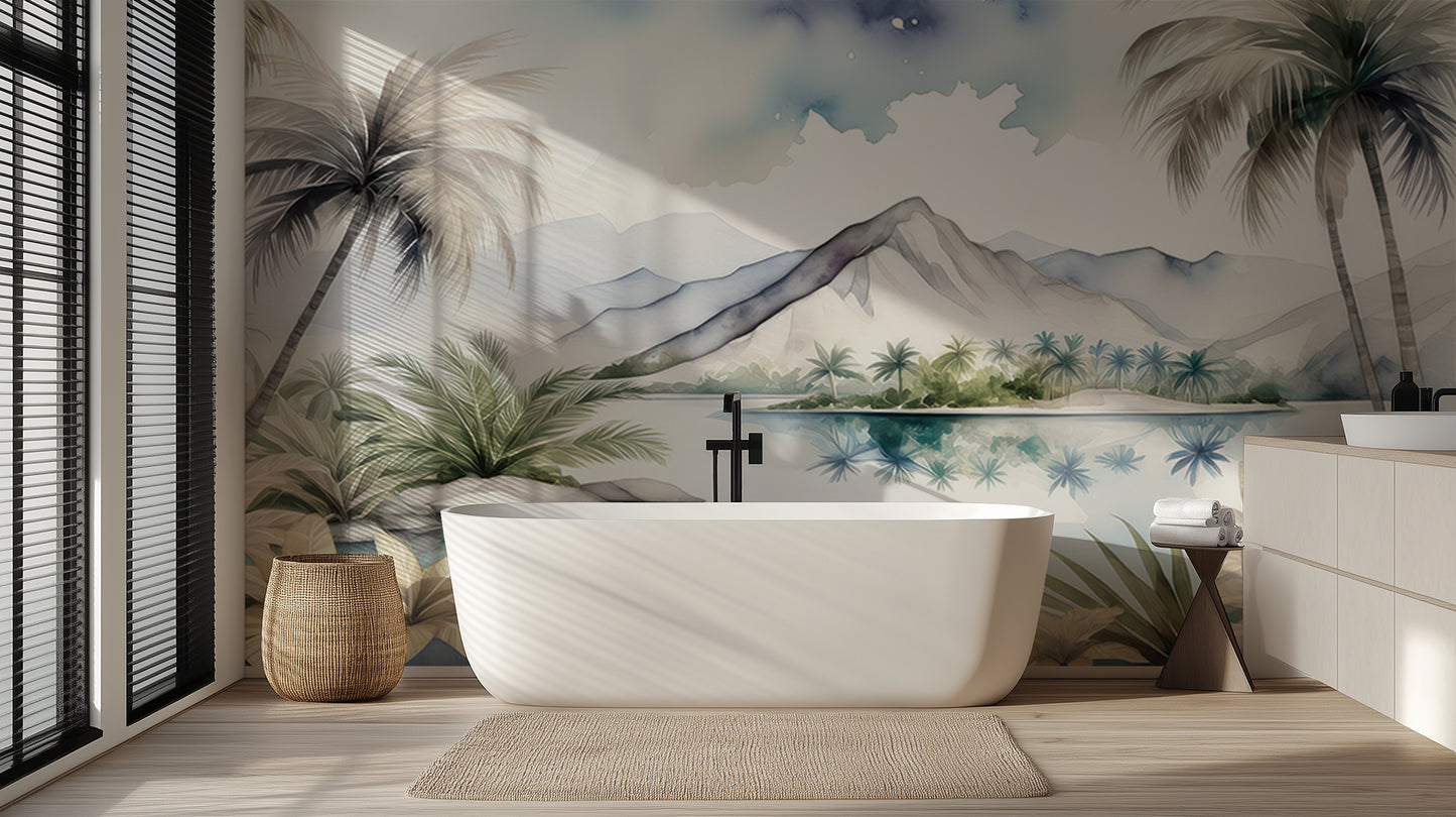 Watercolor Island Oasis wallpaper mural - XWALLX