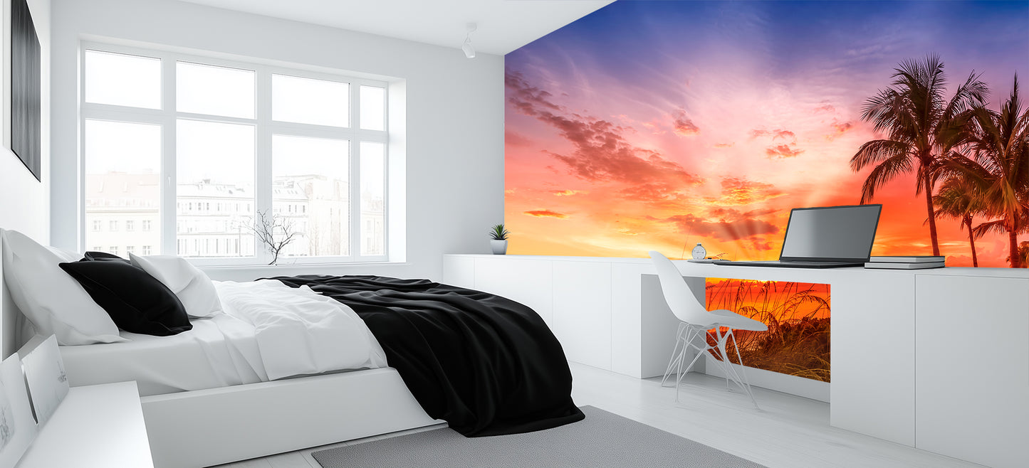 Vibrant Palm Sunset wallpaper mural - XWALLX