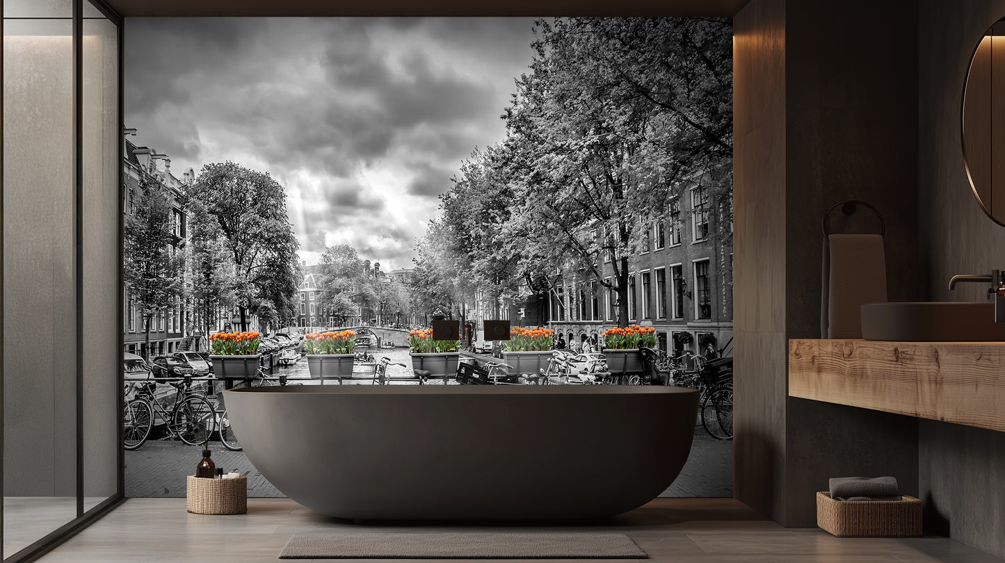 Monochrome Canal Orange Tulips wall mural - XWALLX