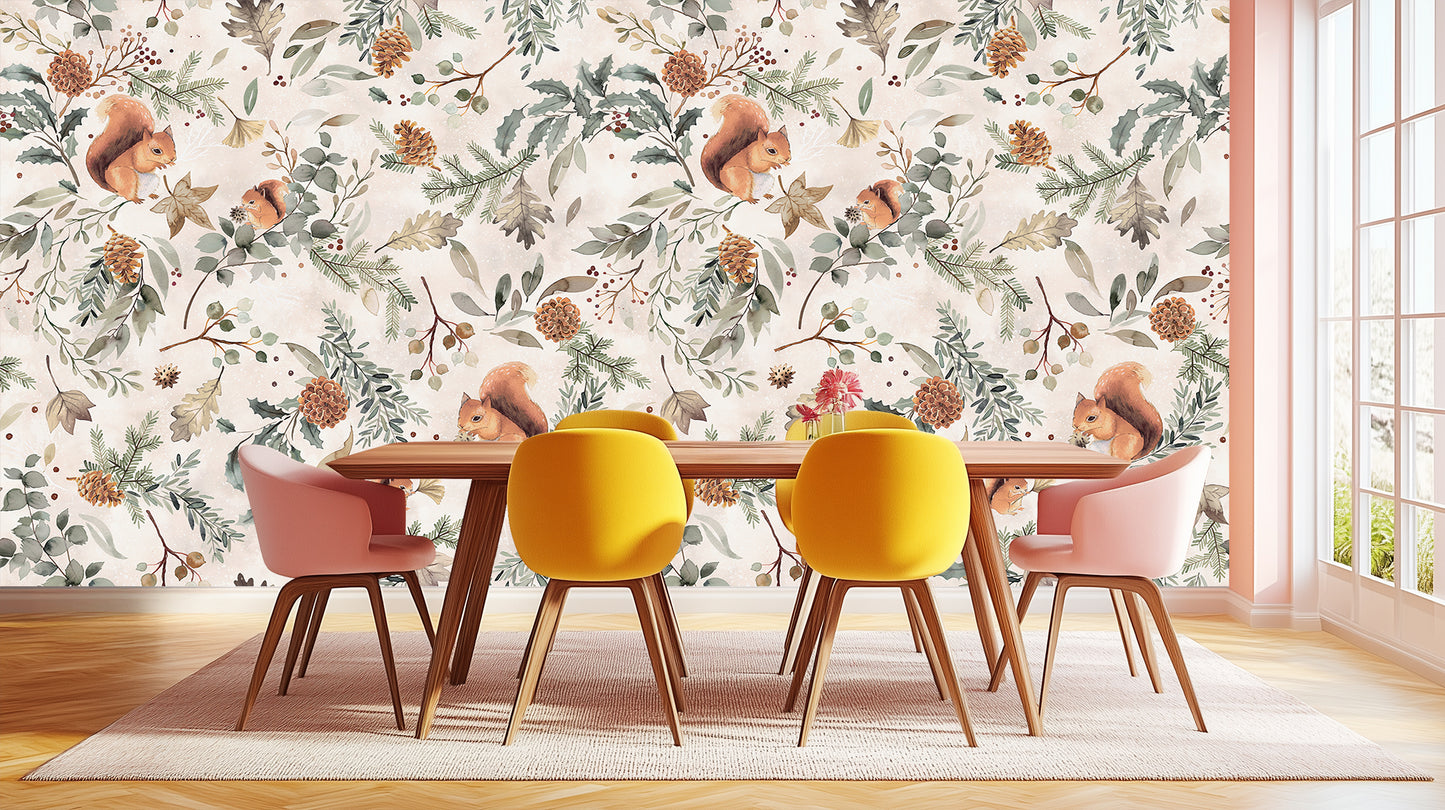 Foraging Squirrels Botanical wallpaper mural - XWALLX