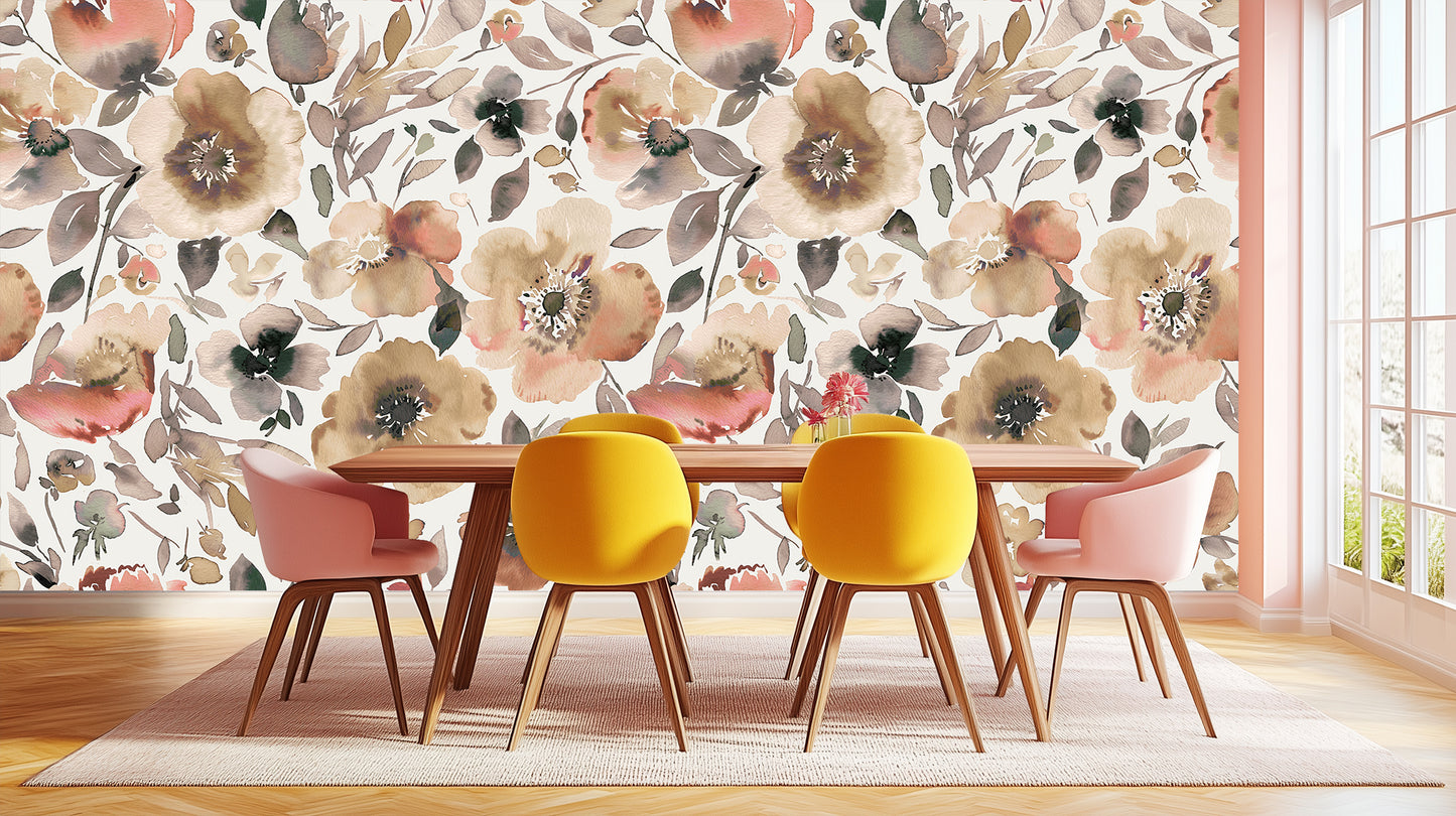 Earthy Watercolor Poppies wallpaper mural - XWALLX