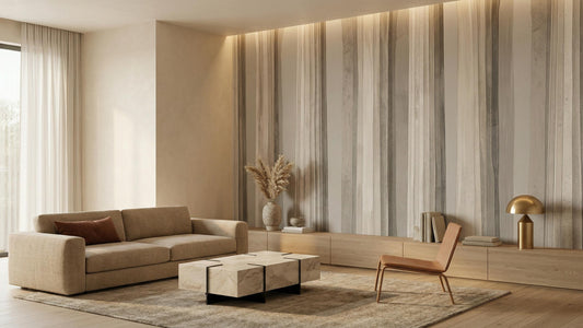 Modern living room with a neutral sofa, marble coffee table, and a feature wall with vertical striped wallpaper.