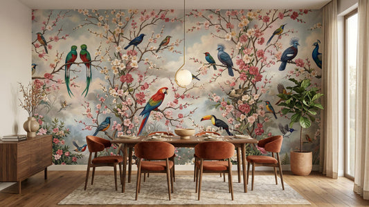 Dining room with a vibrant bird and cherry blossom wallpaper, wooden table, and rust-colored chairs.