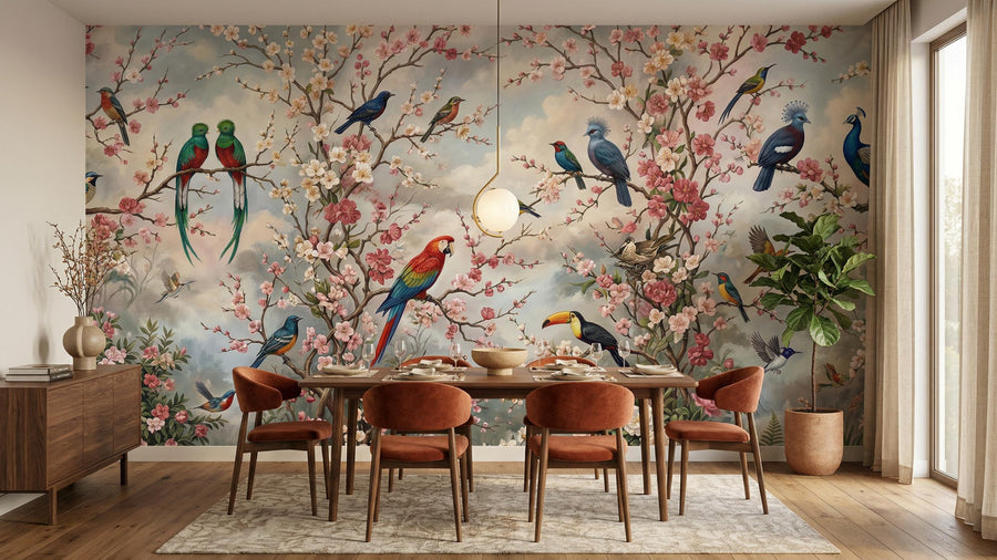 Dining room with a vibrant bird and cherry blossom wallpaper, wooden table, and rust-colored chairs.