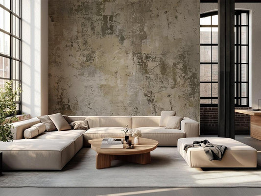 Modern living room with a beige sectional sofa, round wooden coffee table, and textured beige wallpaper.