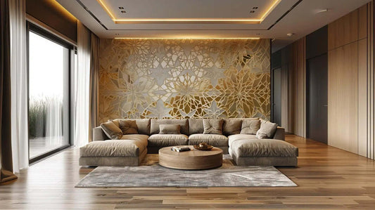 Modern living room with a reflective gold geometric wallpaper accent wall and a large sectional sofa.