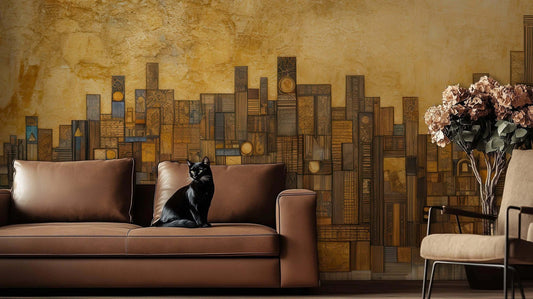 Black cat on a brown leather sofa against a textured yellow wall with geometric wood art.