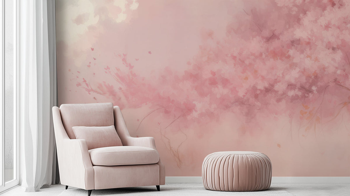 Elegant room with a blush pink floral wallpaper, a velvet armchair, and a matching ottoman.