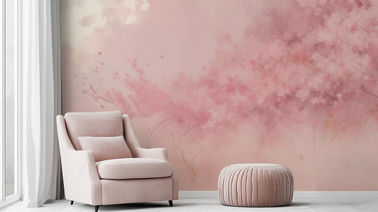 Elegant room with a blush pink floral wallpaper, a velvet armchair, and a matching ottoman.