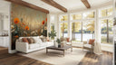 Living room with a large floral wallpaper mural featuring orange poppies and tall grasses, overlooking a lake.