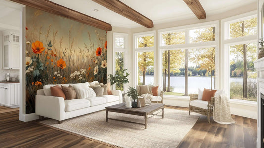Living room with a large floral wallpaper mural featuring orange poppies and tall grasses, overlooking a lake.
