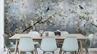Floral White Flower Blossom pastel light wallpaper for a dining room feature wall