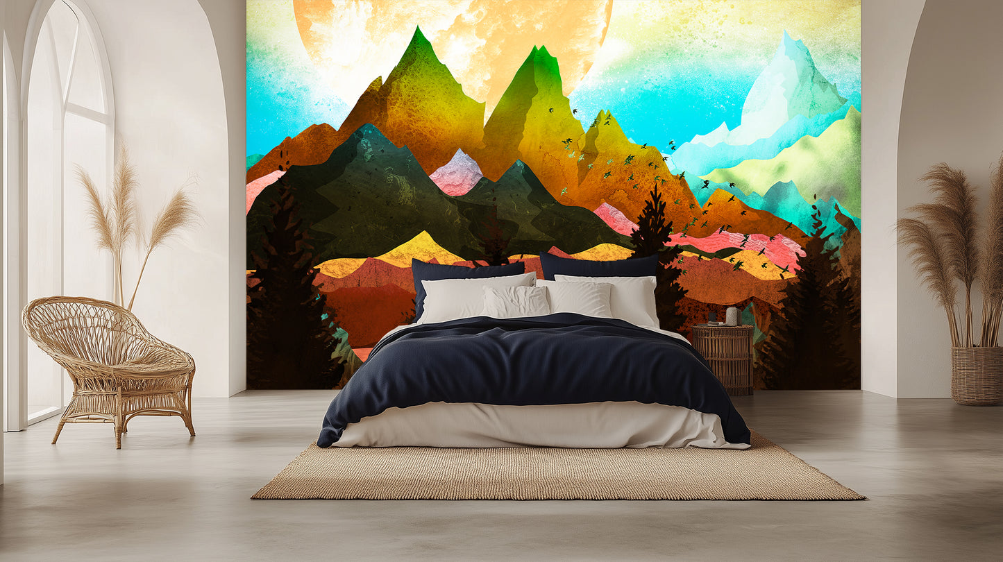 Radiant Orb Mountainscape wallpaper mural - XWALLX