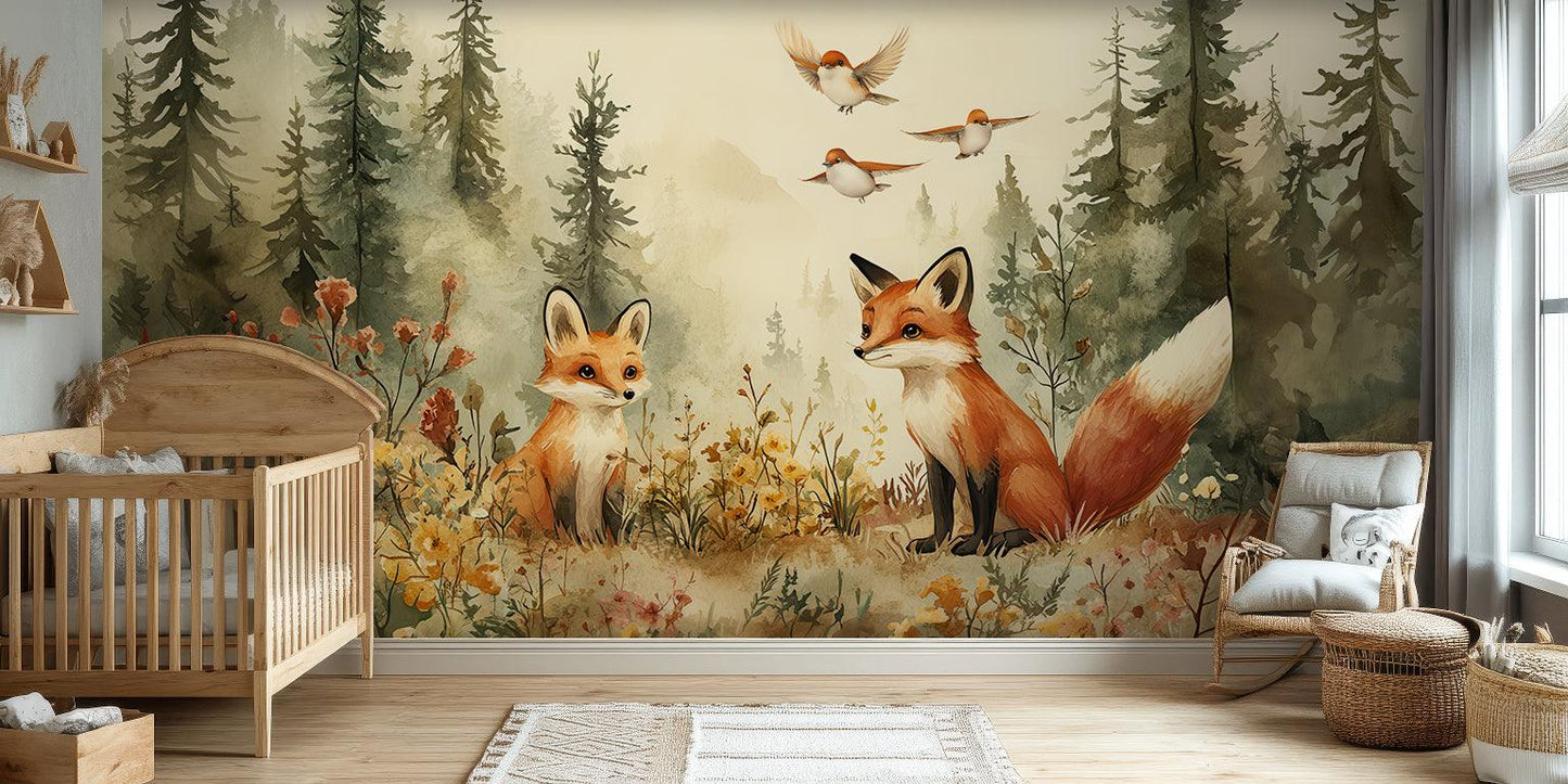 Foxs and Birds wallpaper mural - XWALLX