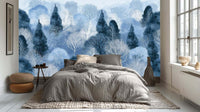 Blue nature wallpaper mural with cool botanical tones