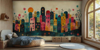 Colorful storybook town wallpaper mural for a children’s playroom wall