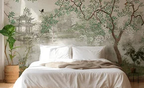 Bedroom with a large wall mural of a tree and traditional architecture.
