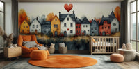 Colorful storybook town wallpaper mural for a children’s playroom wall