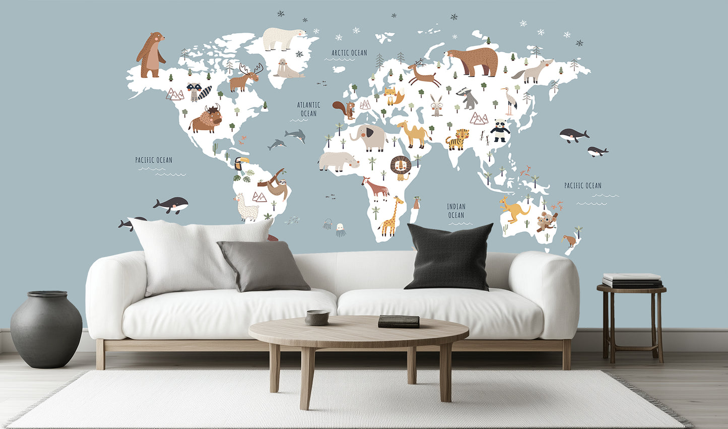 Whimsical World Map Animal wall decor - XWALLX