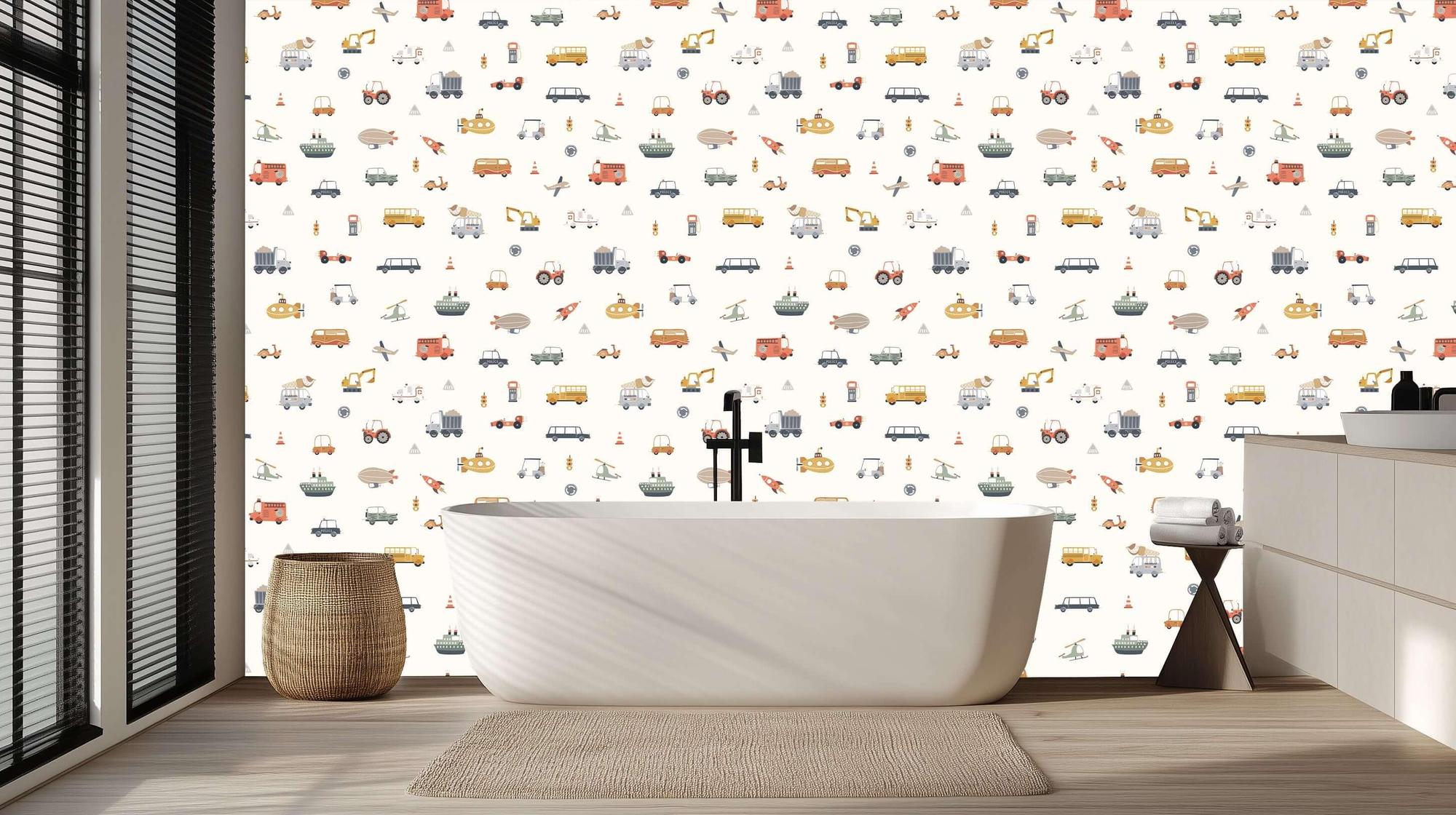 Children’s car wallpaper mural for a playful bedroom or playroom wall
