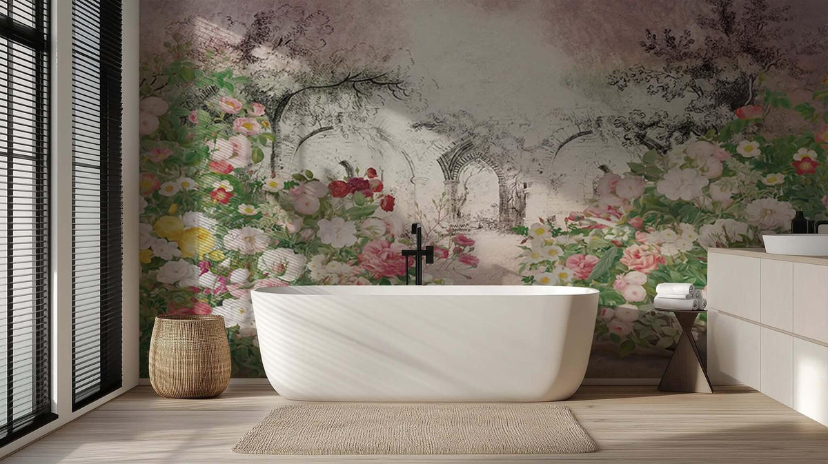 Romantic Rose Garden Archways wallpaper mural - XWALLX
