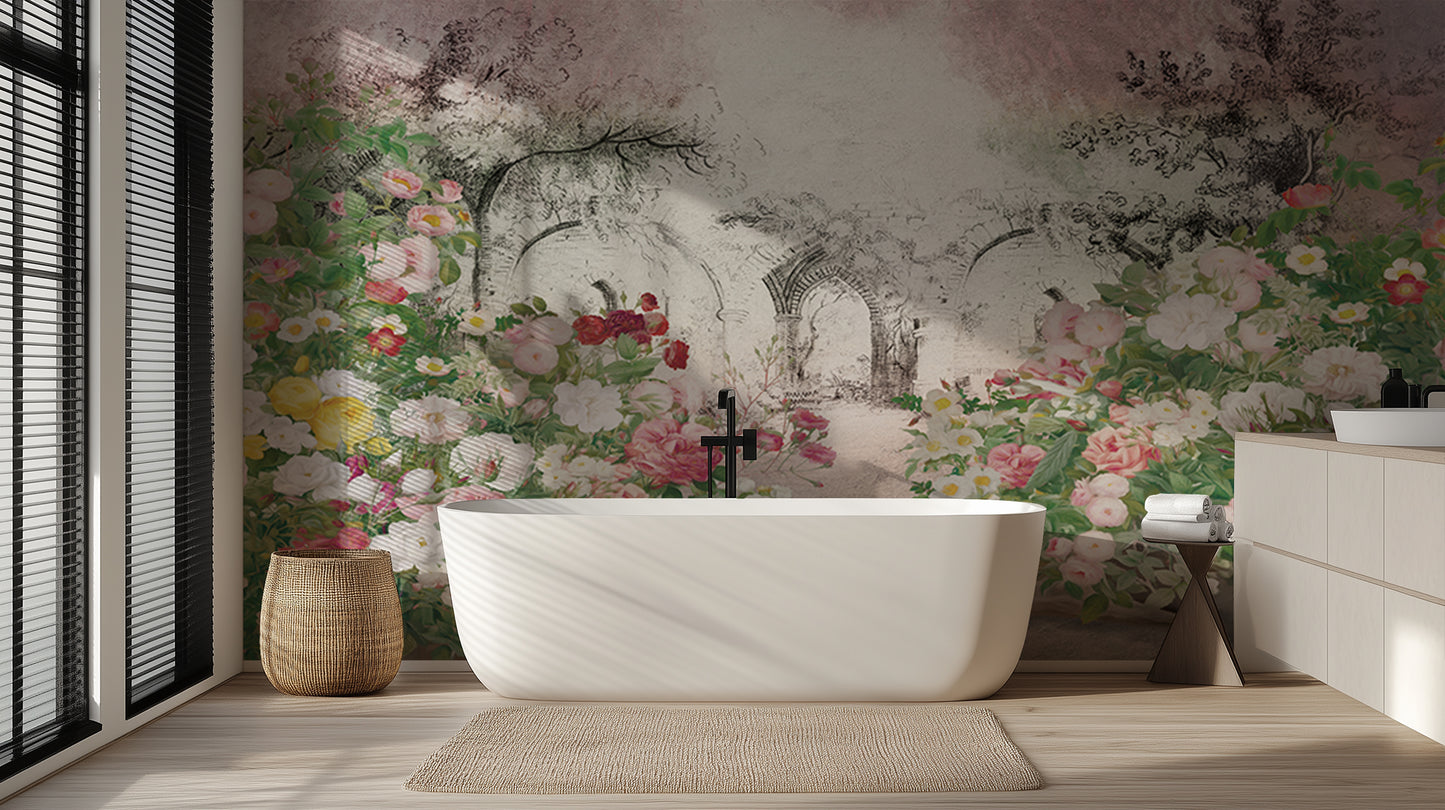 Romantic Rose Garden Archways wallpaper mural - XWALLX