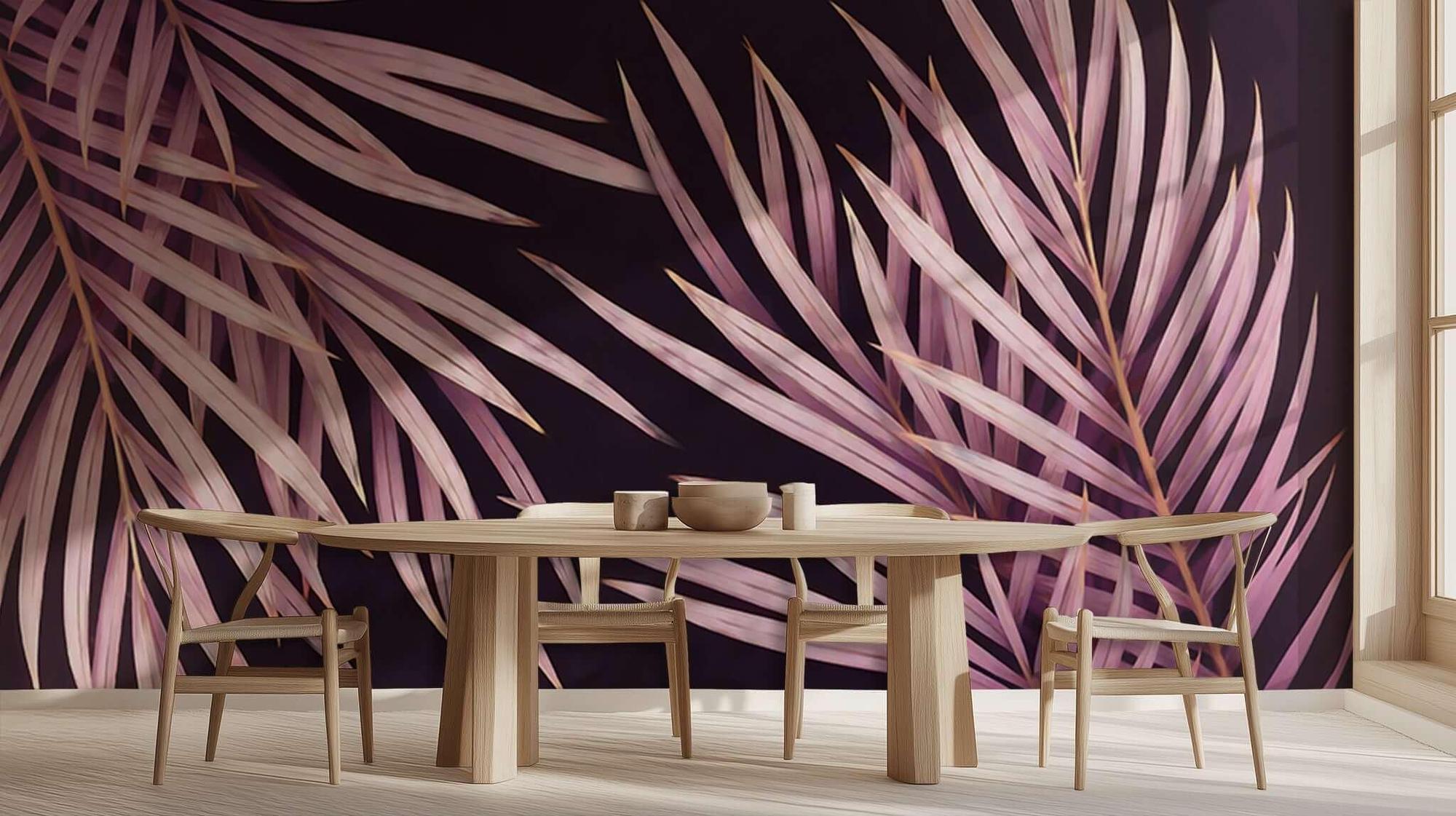 Dusky Rose Palm Frond purple wallpaper for a dining room feature wall
