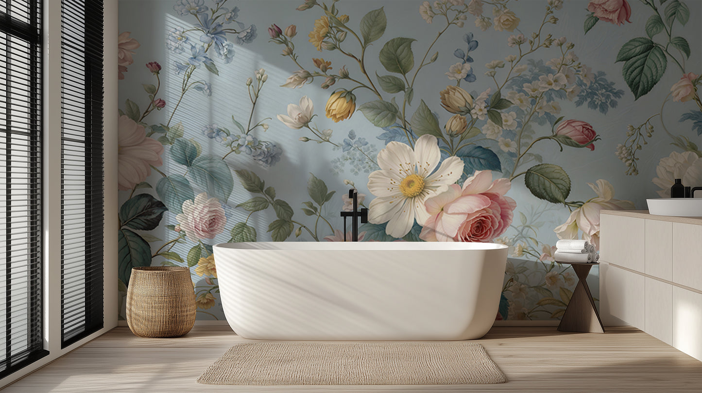 Muted Blue Floral Garden wall mural Mural wallpaper mural - XWALLX