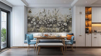 Cream beige floral wallpaper mural with pearl soft natural blossoms