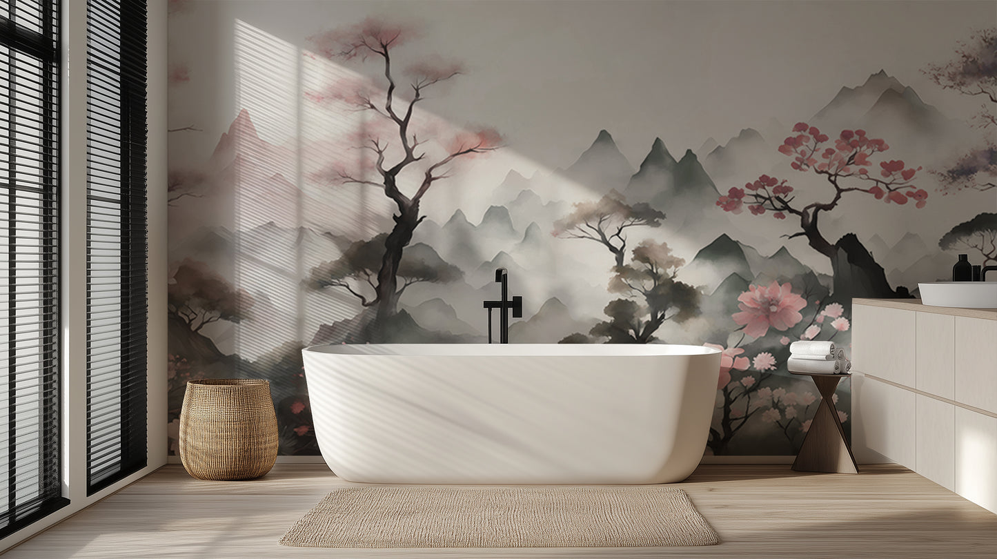 Misty Mountain Cherry Blossom wallpaper mural - XWALLX