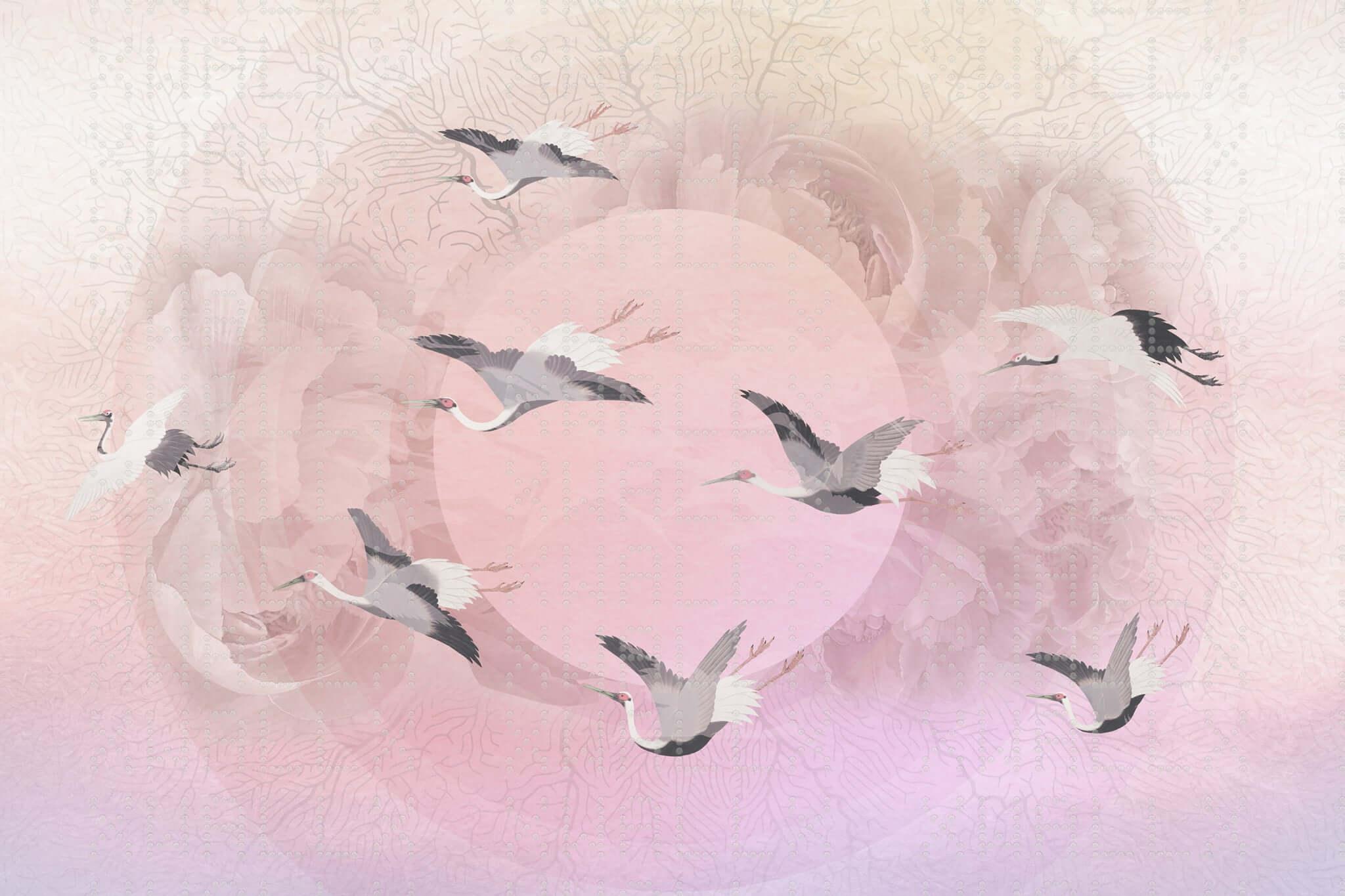 Ethereal Cranes Blush Wall Mural