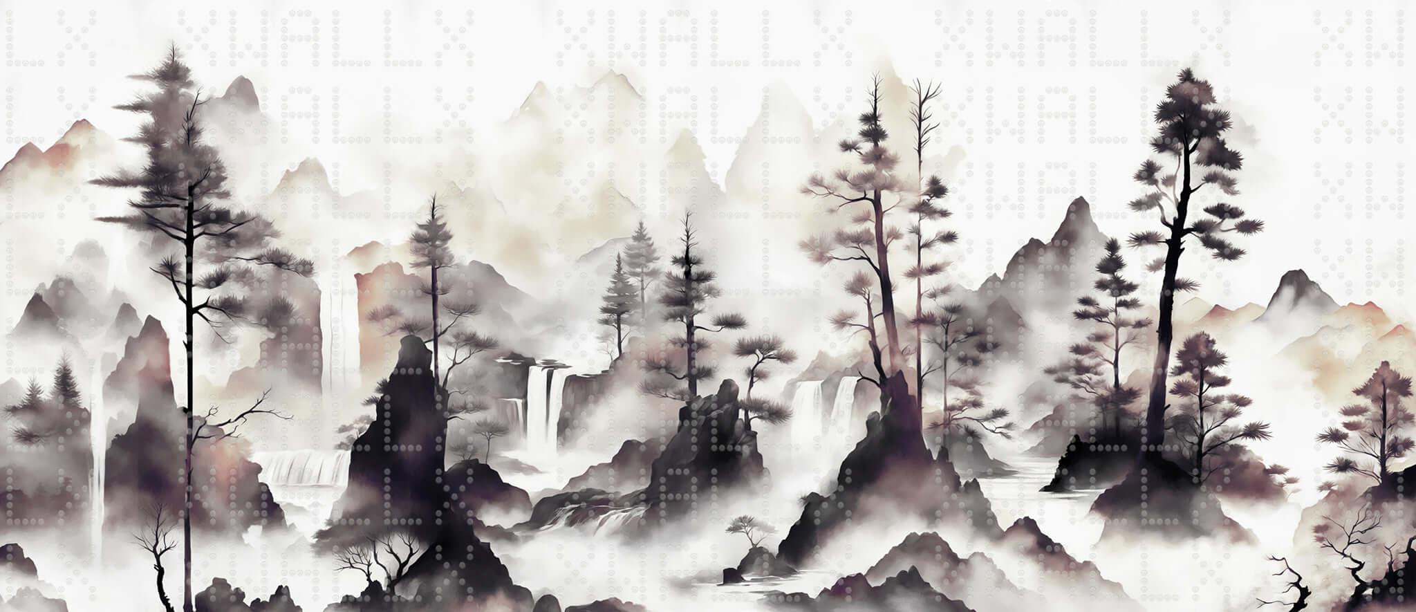 Misty Peaks Forest Waterfall Wall Mural