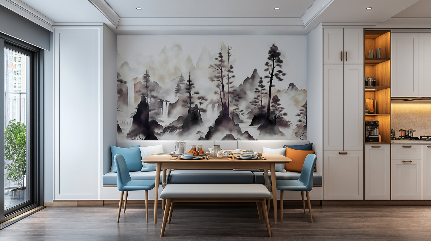 Misty Peaks Forest Waterfall wall mural - XWALLX