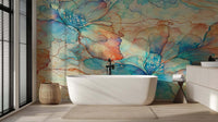 Turquoise Aqua Bloom Soft Watercolor teal wallpaper mural for a bathroom wall