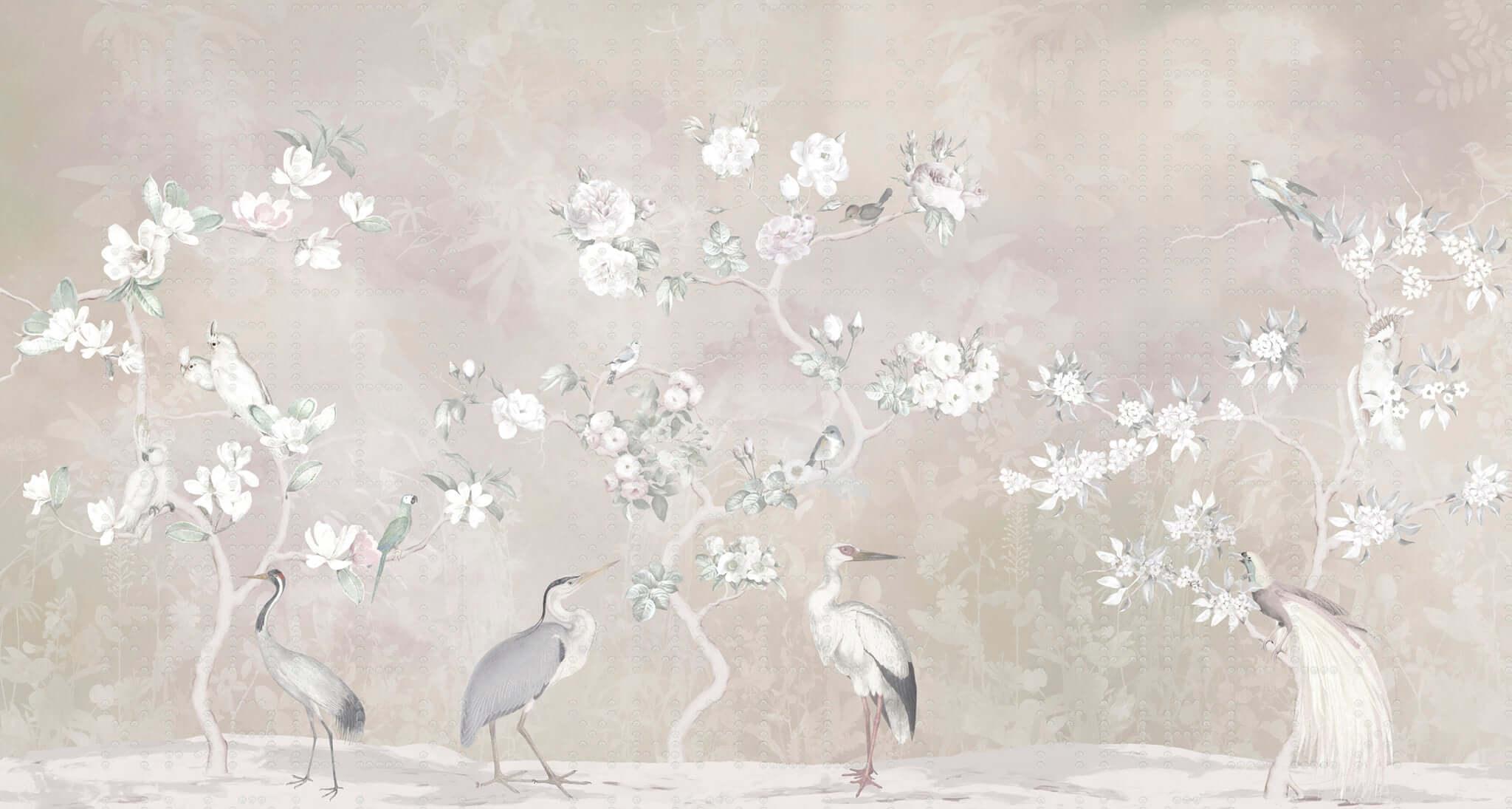 Delicate Floral Birds Wall Mural
