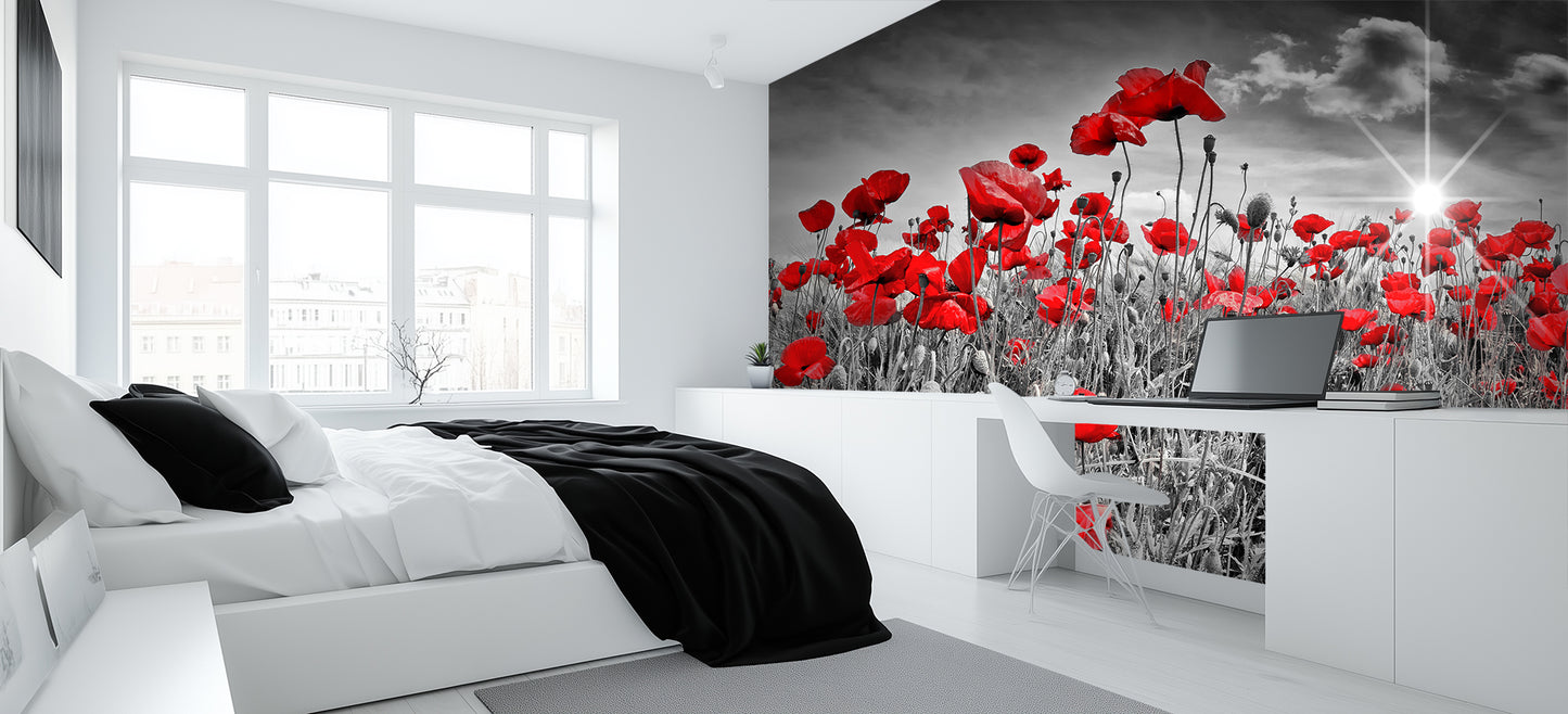 Sunburst Poppies Monochrome wallpaper mural - XWALLX