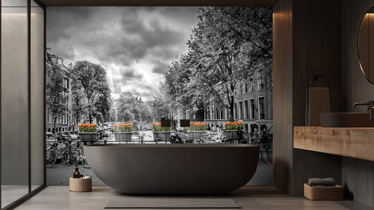 Monochrome Canal Orange Tulips wall mural - XWALLX